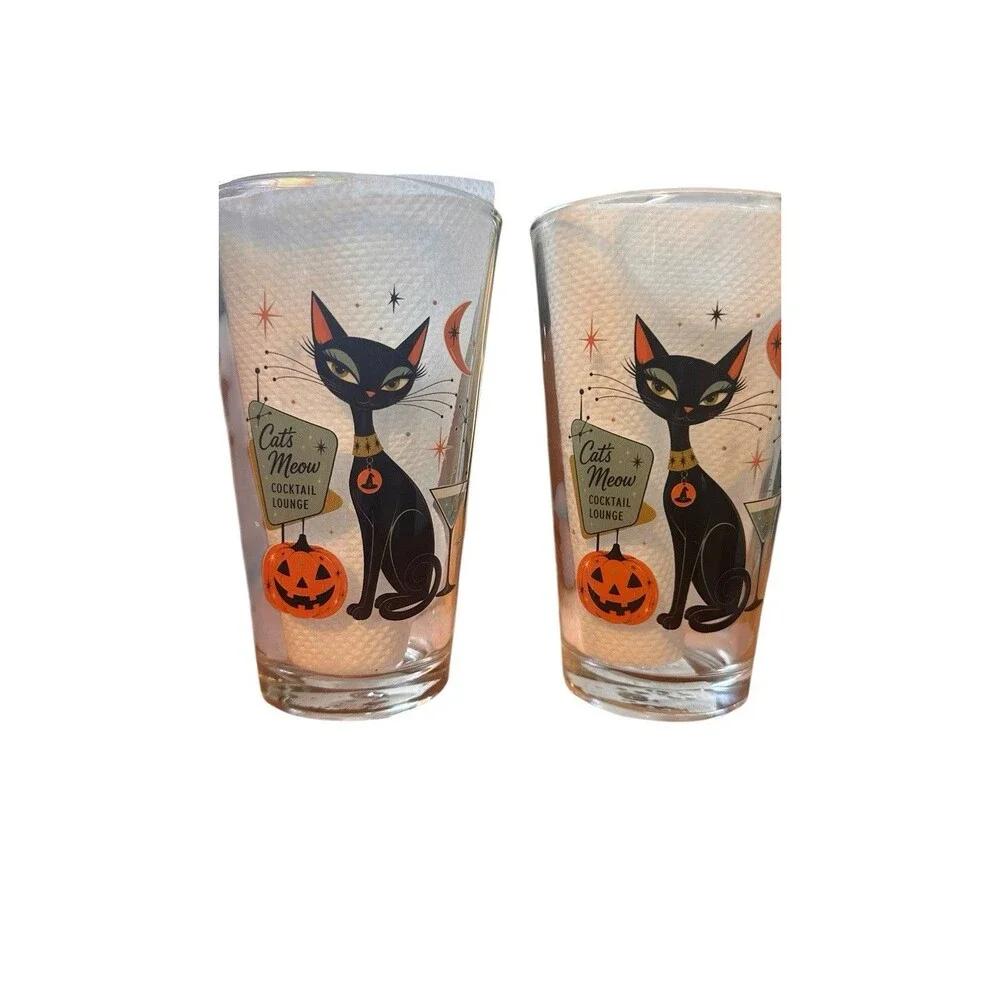 2- 16 oz Retro Halloween Black Cat Cocktail Glass, Heavy Pilsner Beer Glass